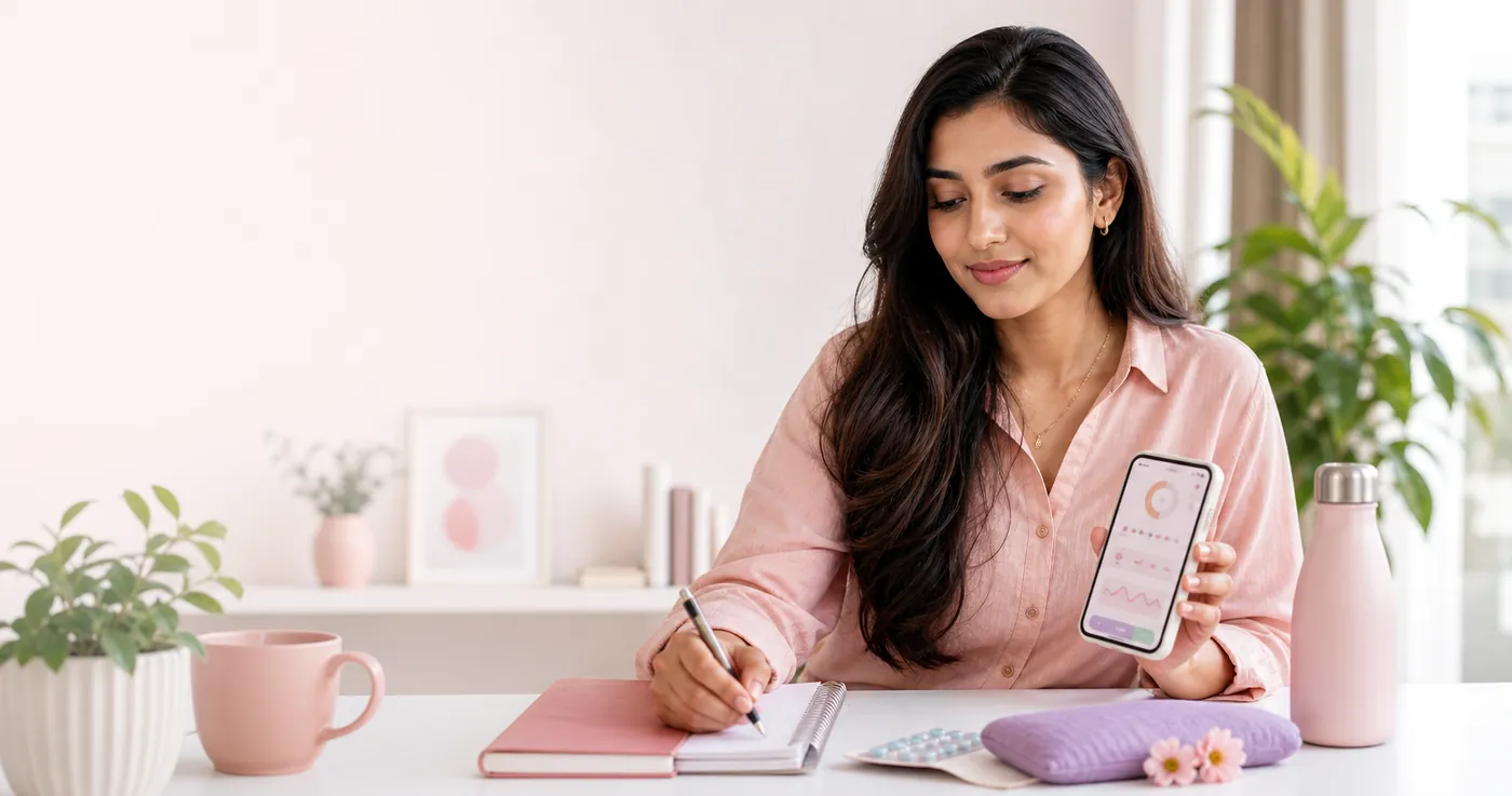A woman writing notes beside her phone