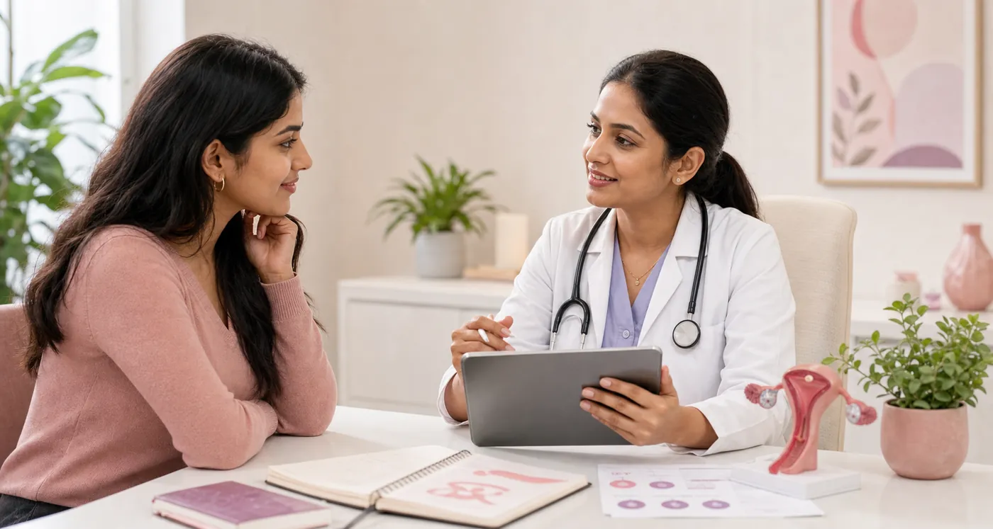 A woman talking with her doctor, who is reading her summary